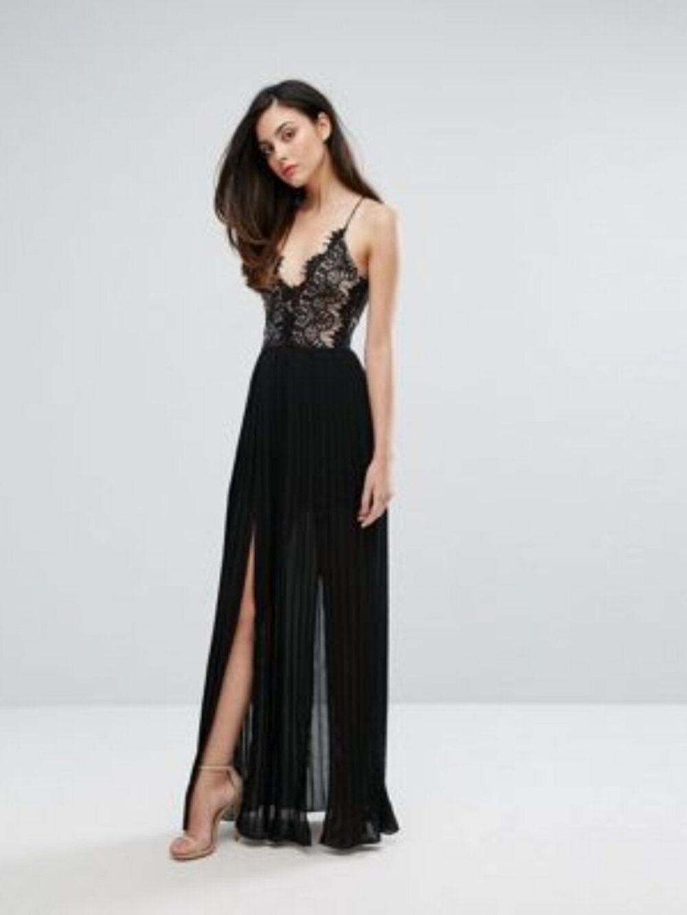 Rare London Black Lace Maxi Dress Dual High Slit Spaghetti Strap Gown XS
